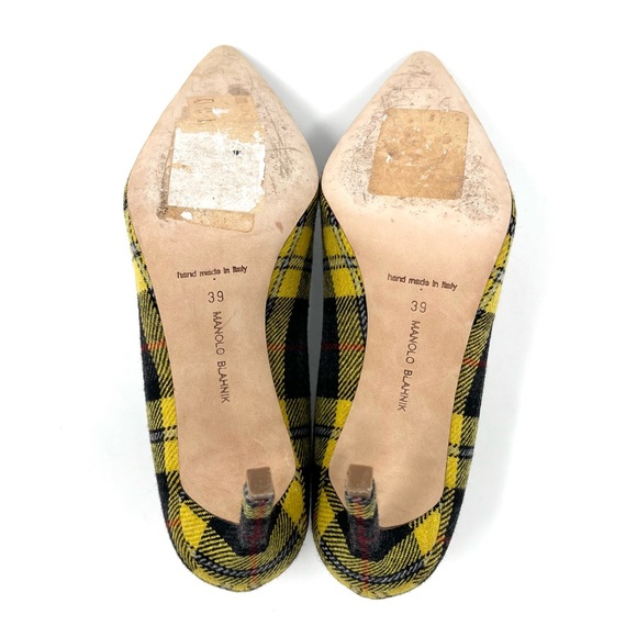 Manolo Blahnik BB Yellow Black Plaid Tartan Pointed Toe Heels Pumps Shoes 39 9 - Picture 9 of 10
